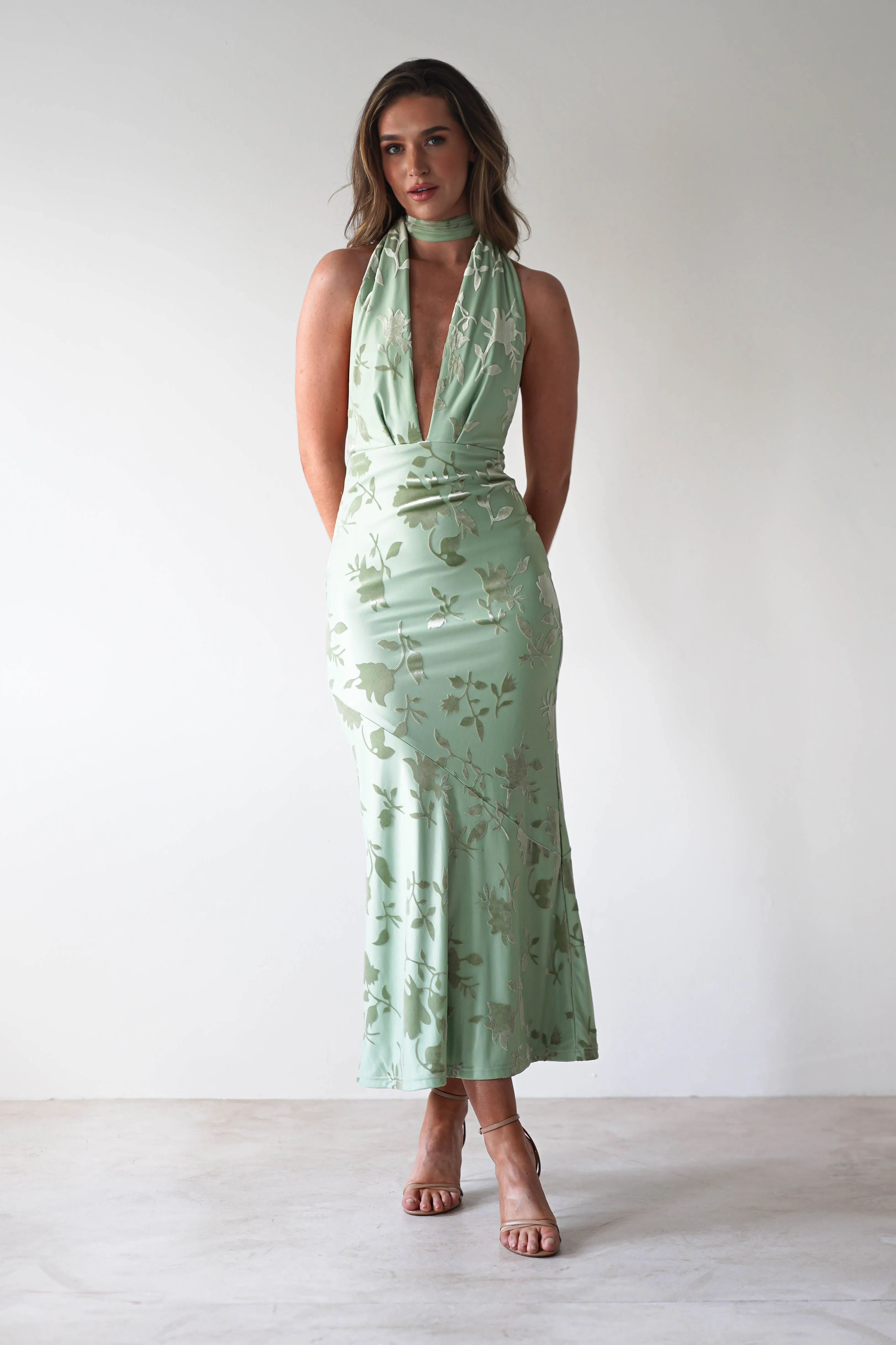 Tara Floral Jacquard Maxi Dress | Light Green