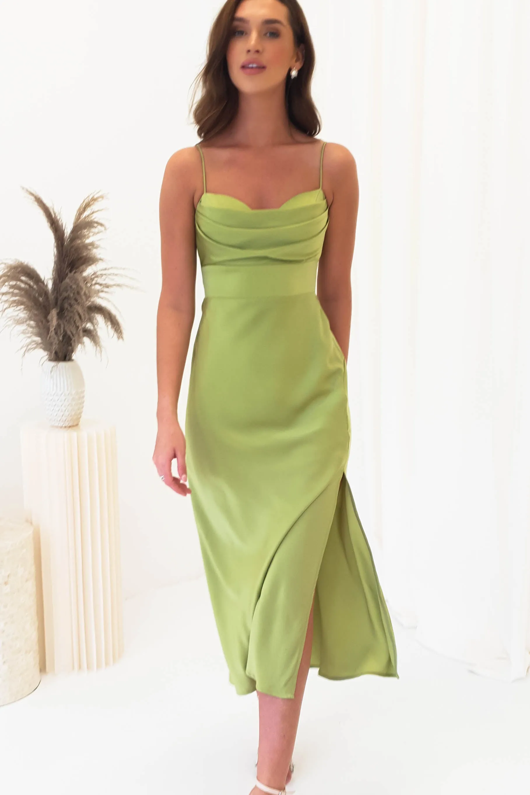Tegan Satin Midi Dress | Lime
