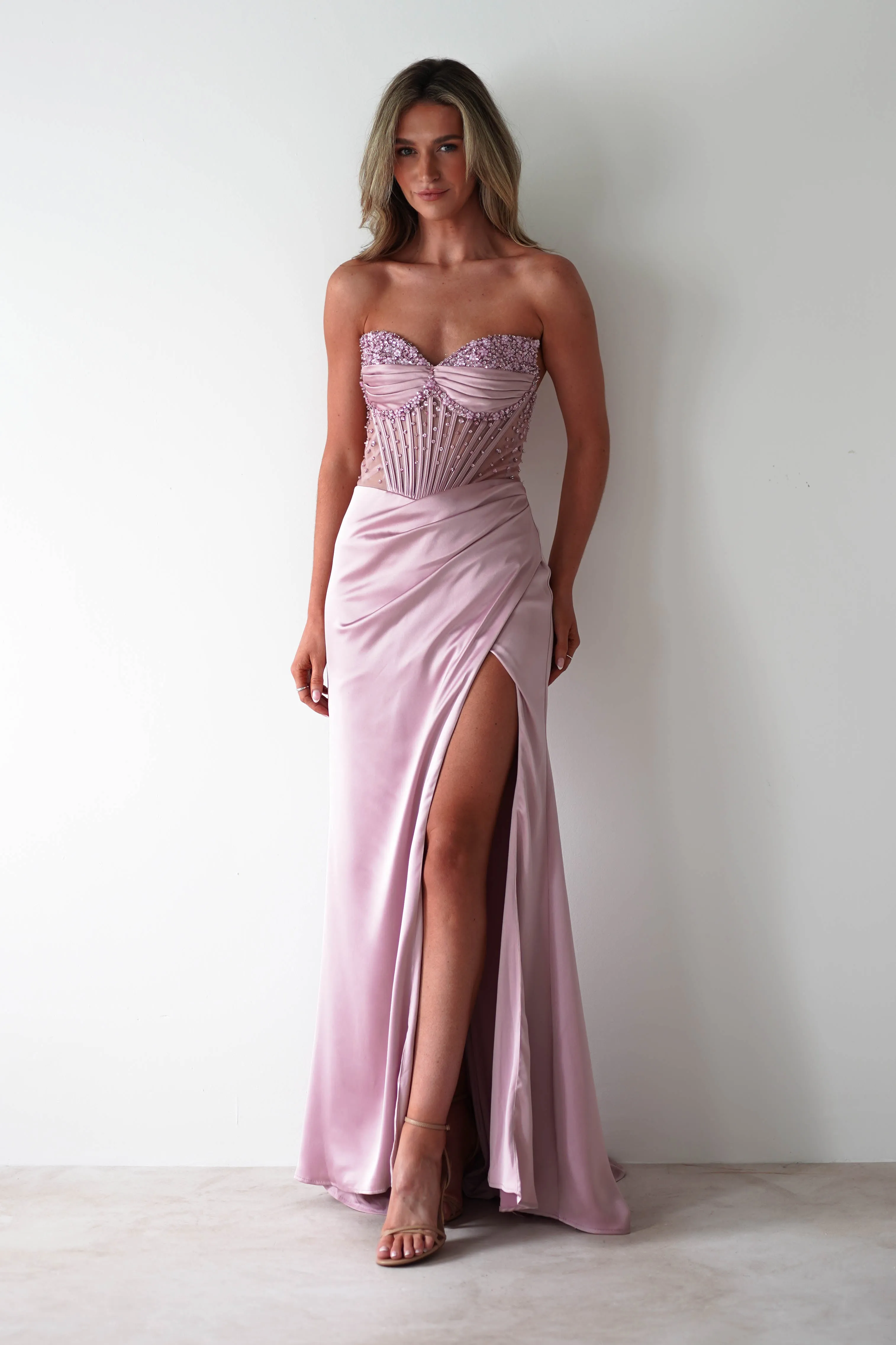 Theodora Strapless Embellished Gown | Mauve