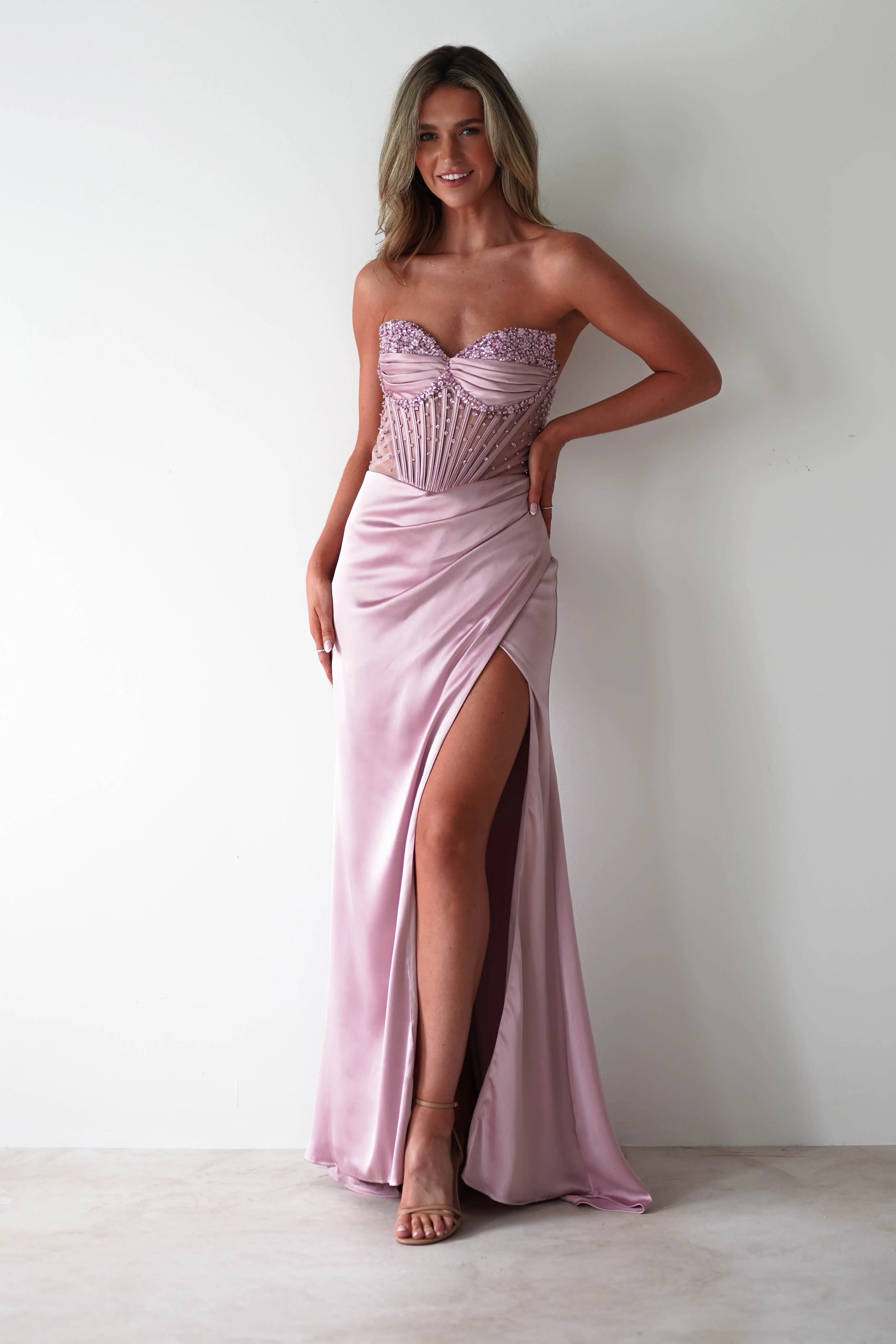 Theodora Strapless Embellished Gown | Mauve