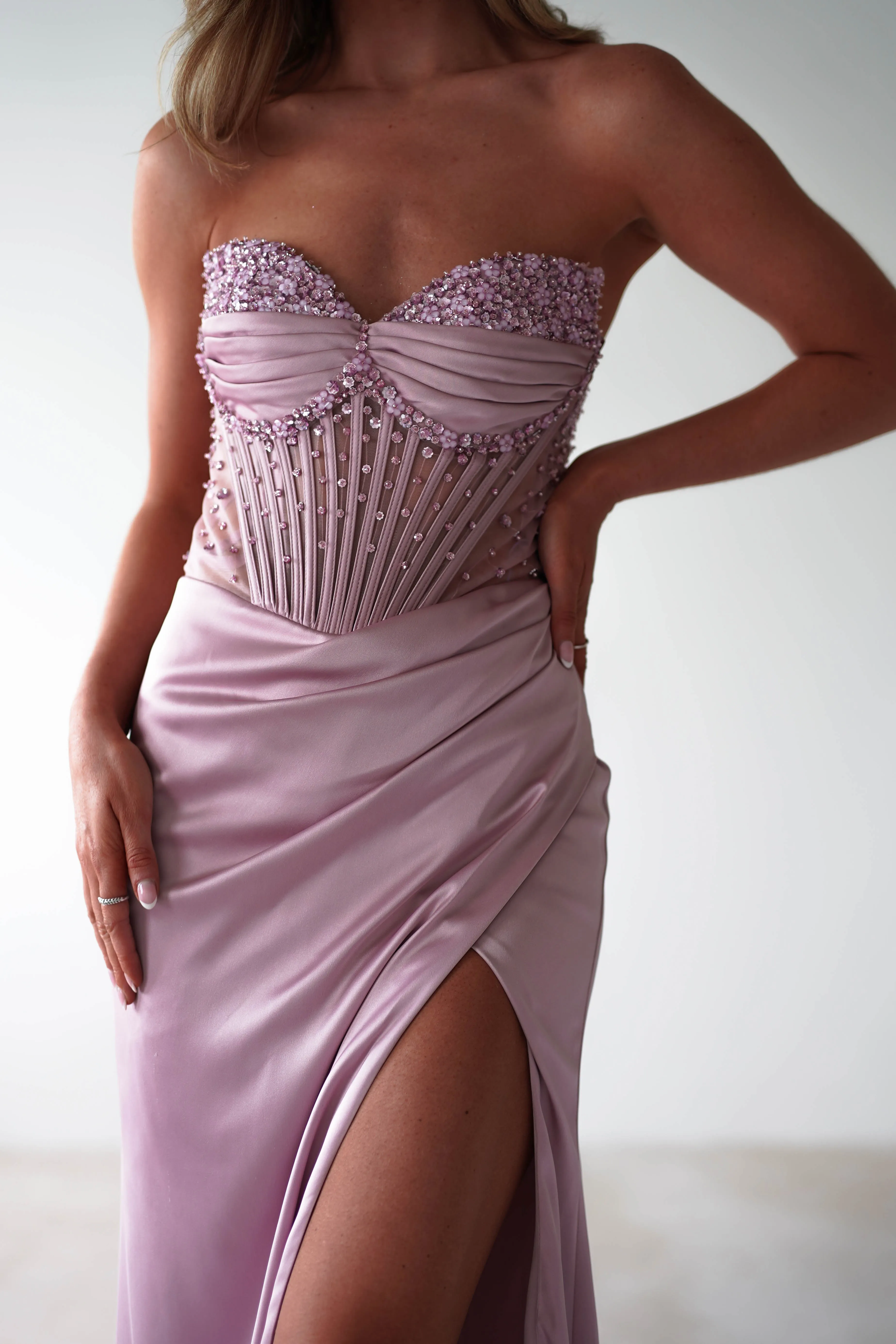 Theodora Strapless Embellished Gown | Mauve