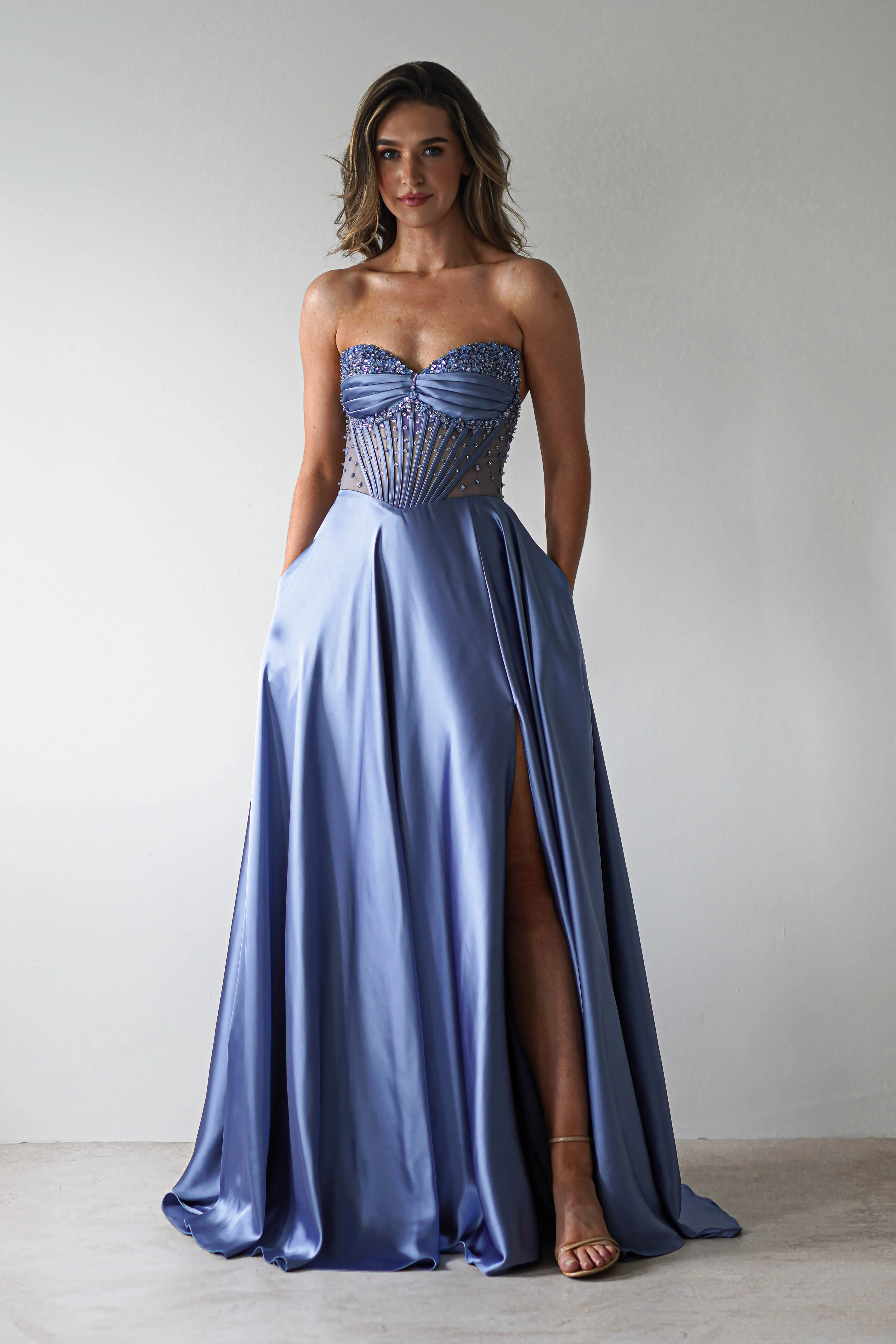 Tullie Satin A-Line Maxi Dress | Smokey Blue