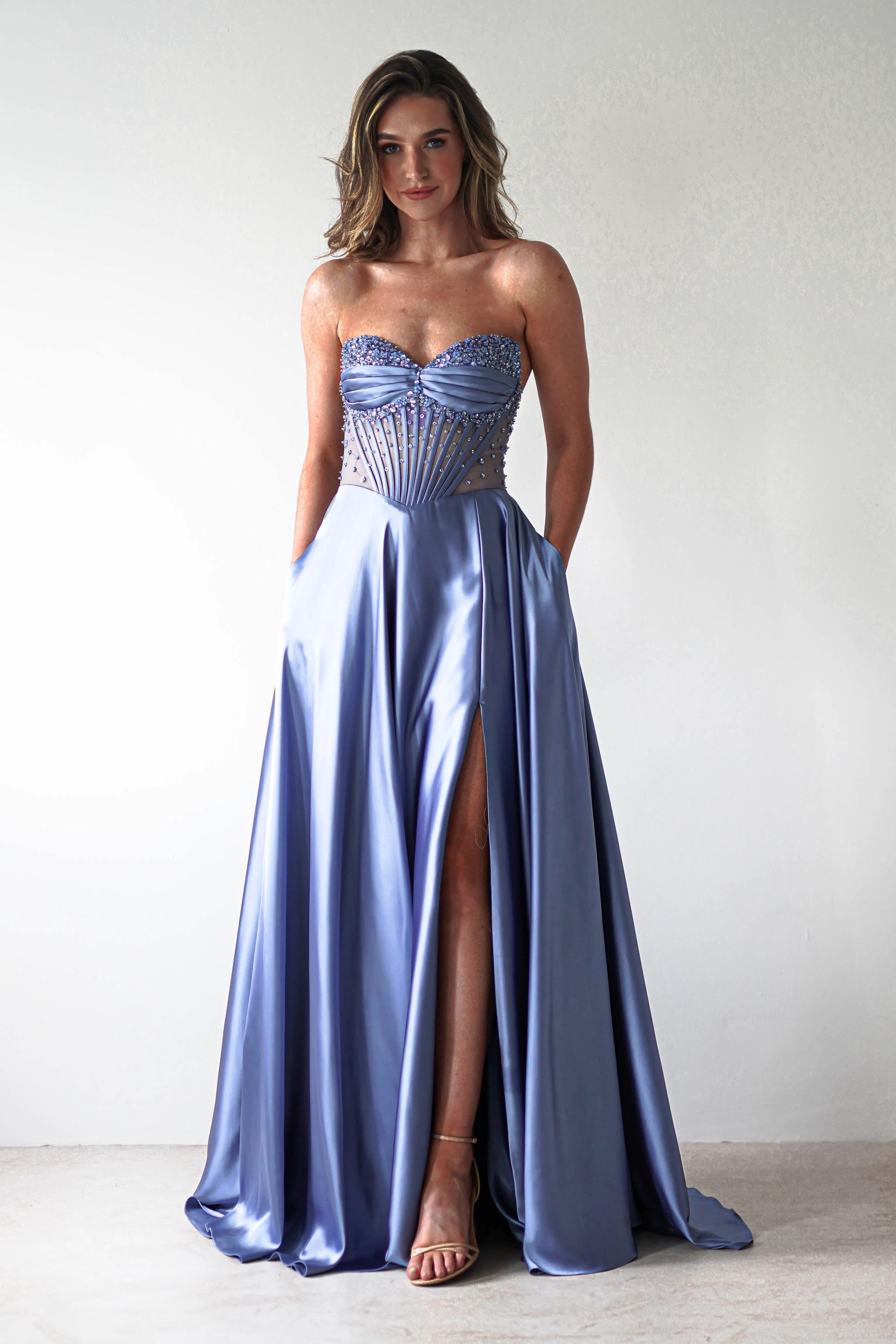 Tullie Satin A-Line Maxi Dress | Smokey Blue