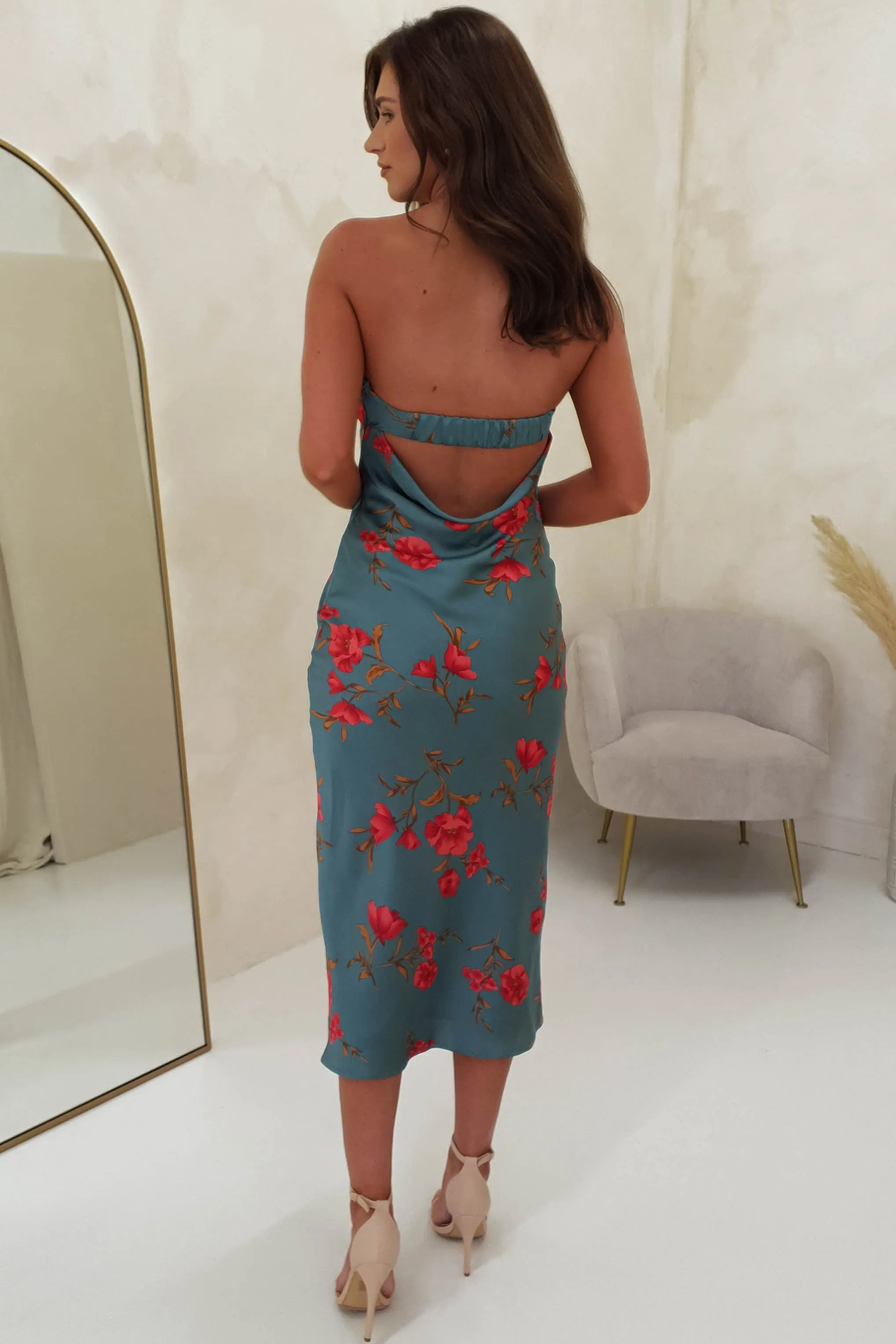 Valencia Floral Print Strapless Midi Dress | Teal Print