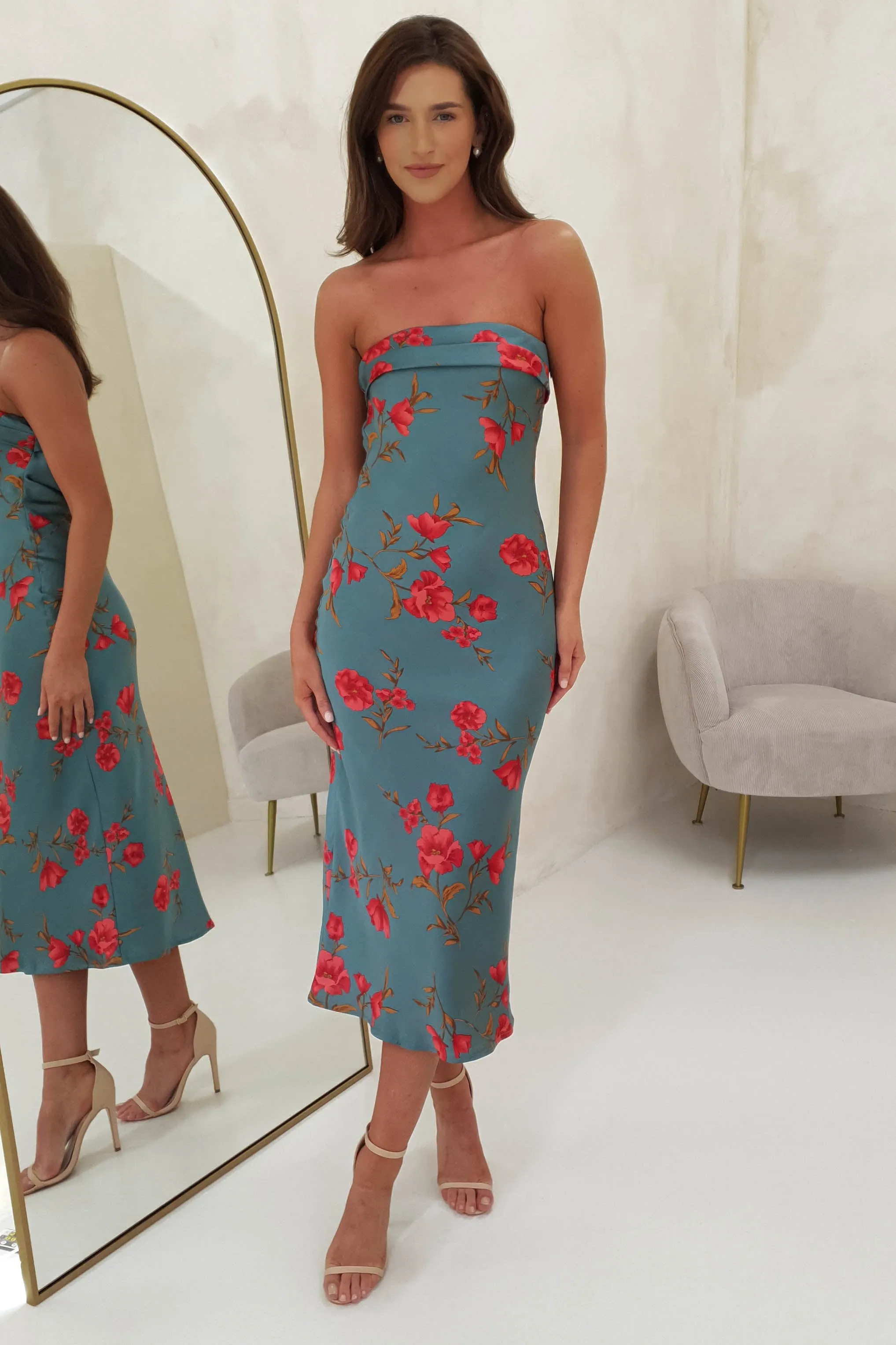 Valencia Floral Print Strapless Midi Dress | Teal Print