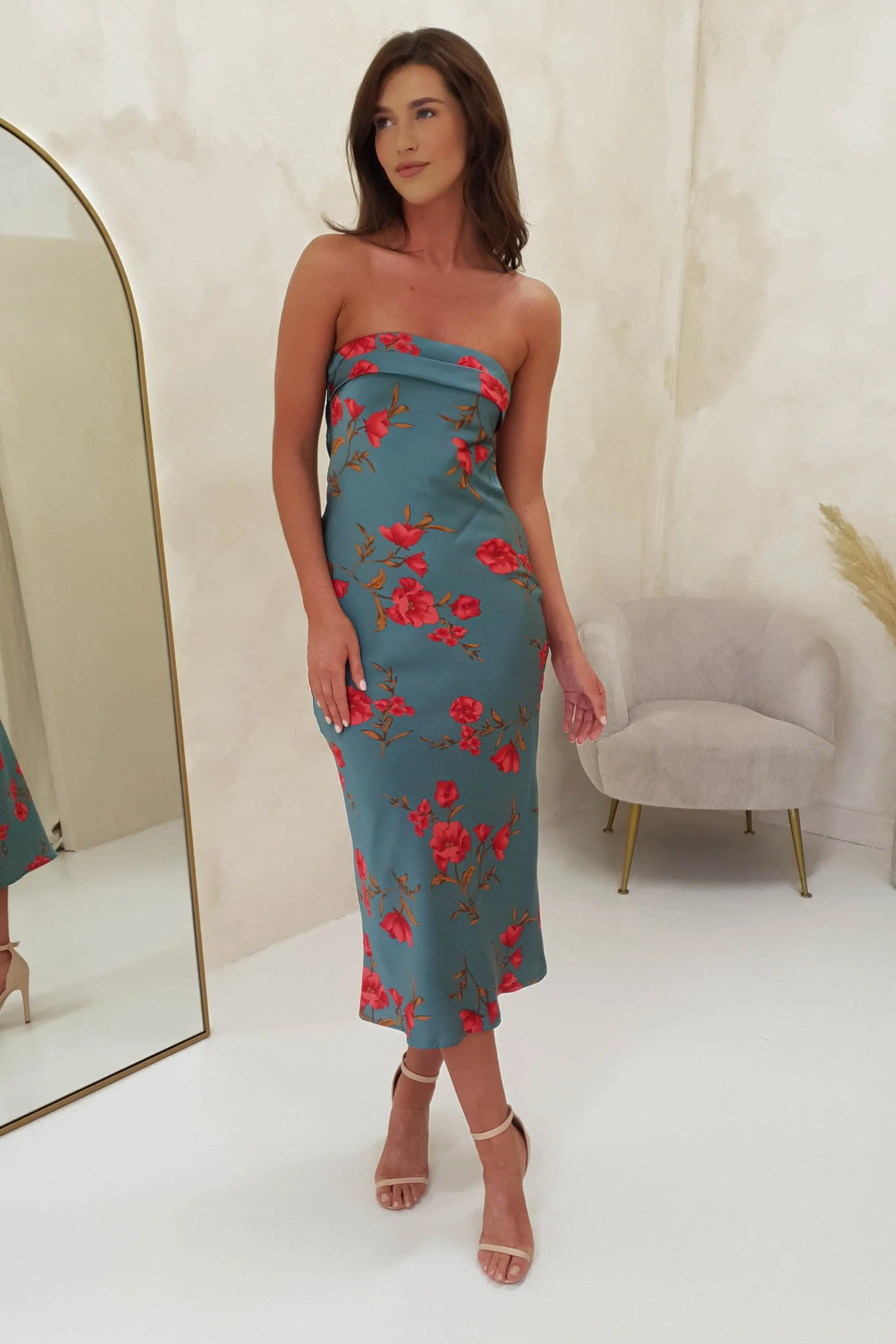 Valencia Floral Print Strapless Midi Dress | Teal Print