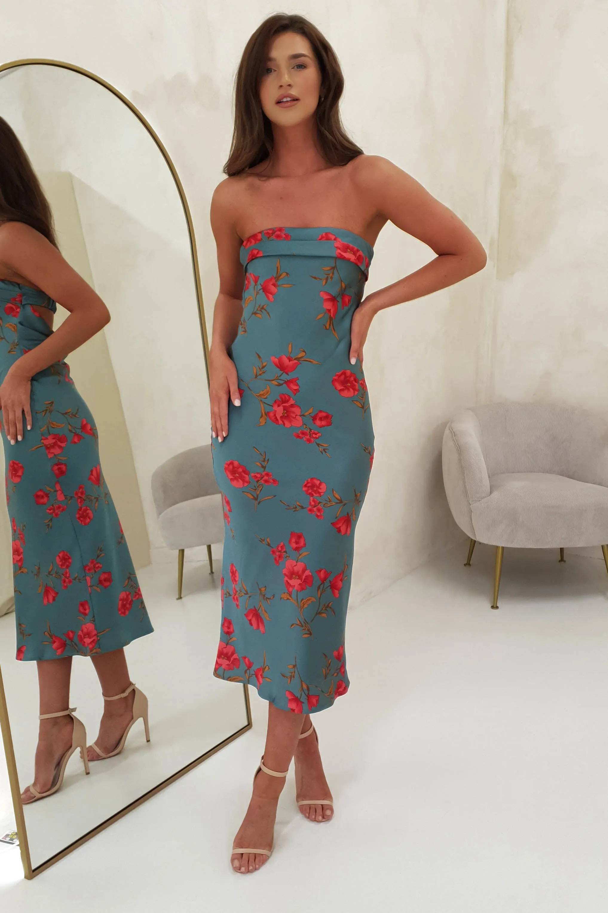 Valencia Floral Print Strapless Midi Dress | Teal Print